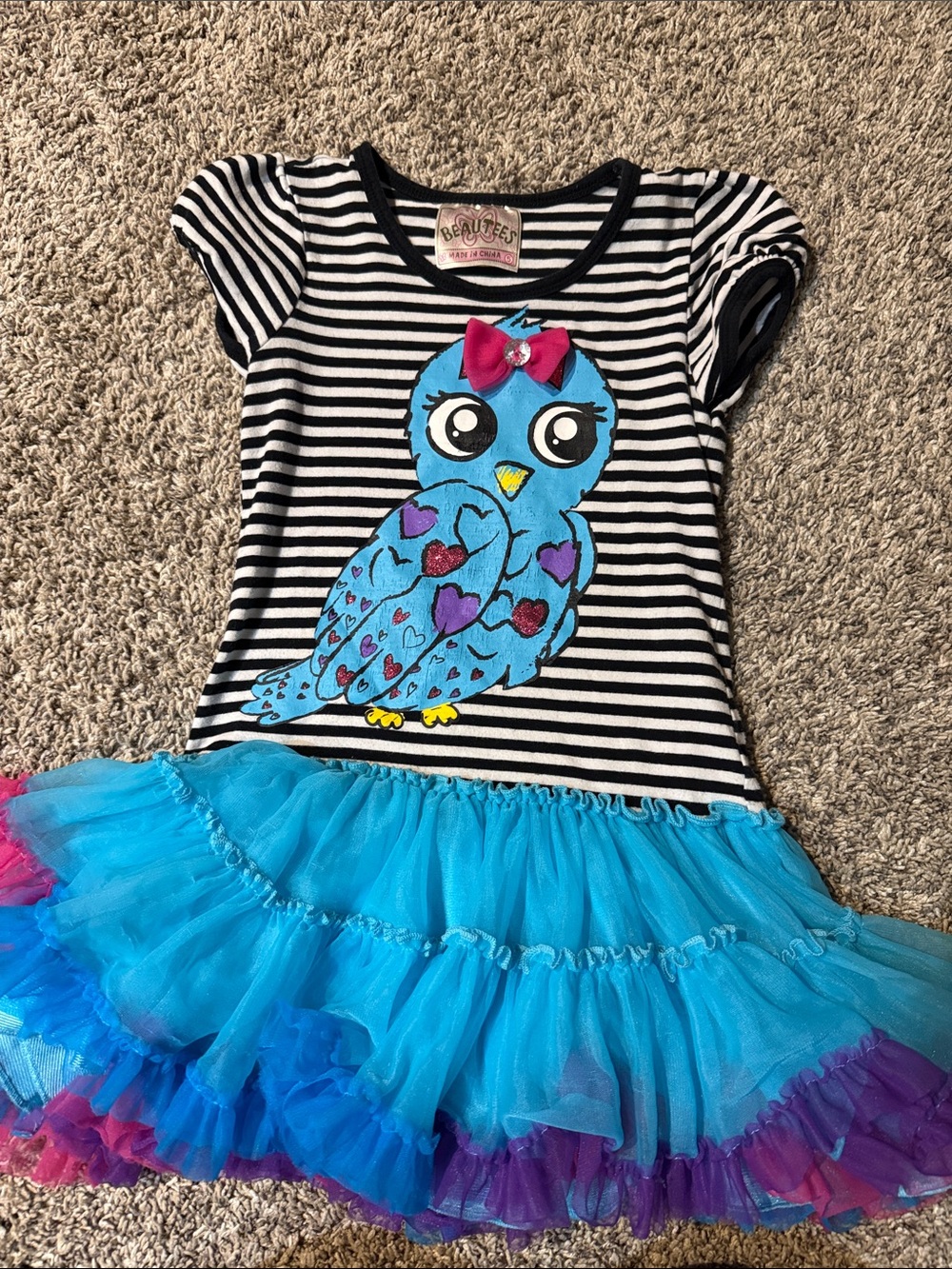 Beautees Black & White Striped Top with Blue Owl and Pink Bow